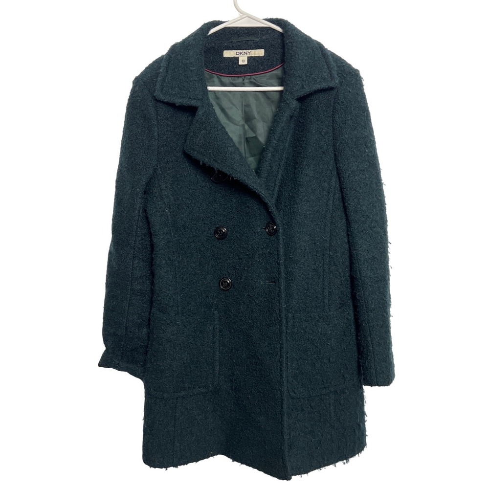 DKNY Huntress Green Wool Blend Boucle Double Breasted Pea Coat Womens 10 Winter‎